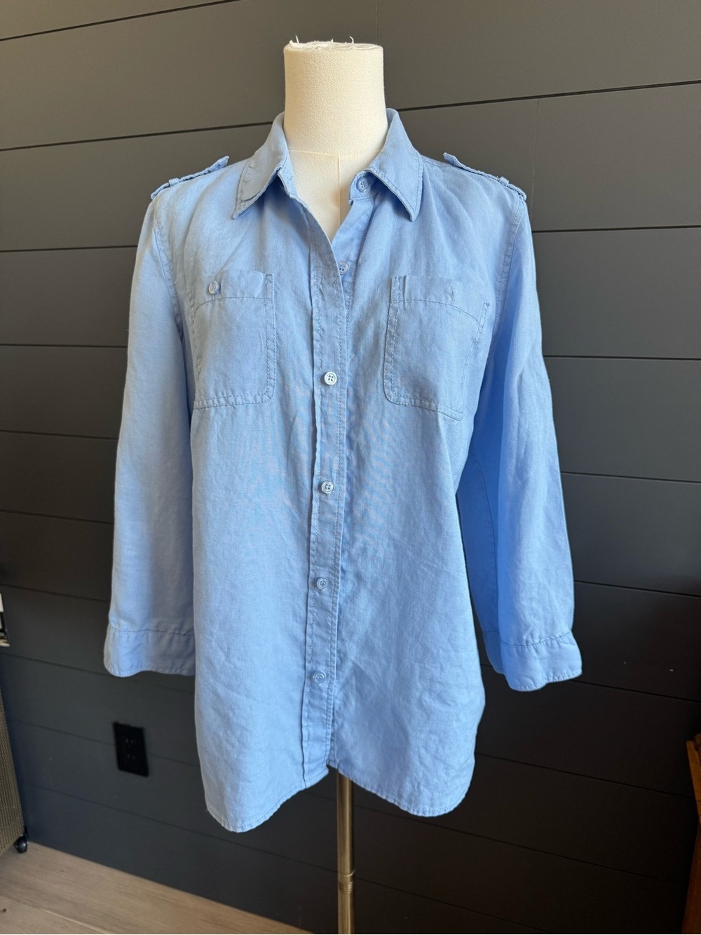 Liz Claiborne Light Blue Linen Button-Up Dual Chest Pocket 3/4 Sleeve Shirt